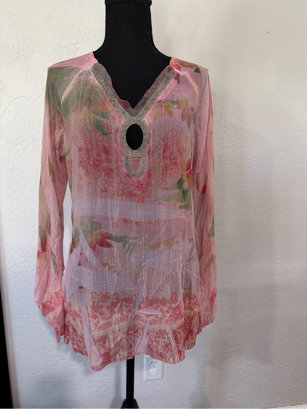 Y2K Pink Sheer Floral Keyhole Tunic